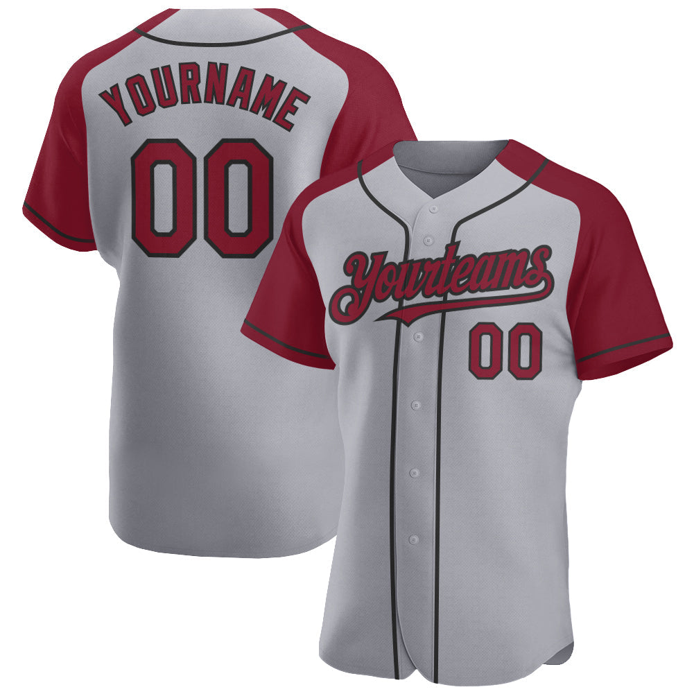 Custom Gray Crimson-Black Authentic Raglan Sleeves Baseball Jersey - Main View