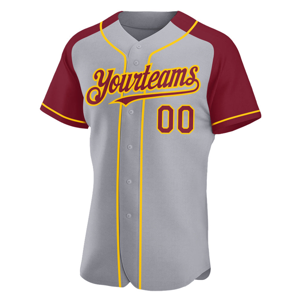Custom Gray Crimson-Yellow Authentic Raglan Sleeves Baseball Jersey view 2