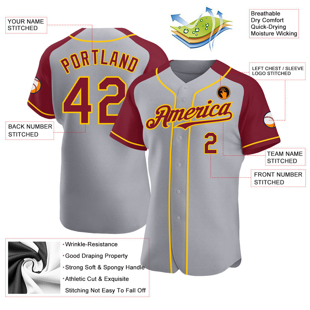 Custom Gray Crimson-Yellow Authentic Raglan Sleeves Baseball Jersey view 3