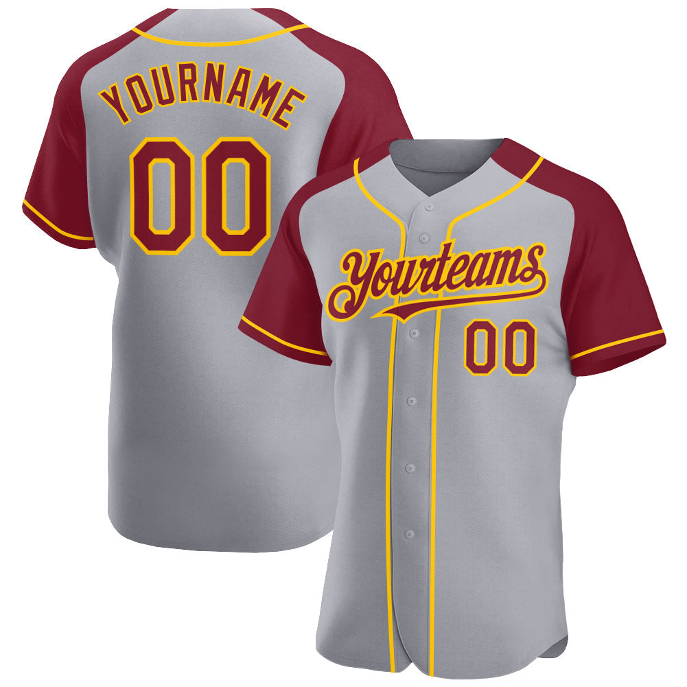 Custom Gray Crimson-Yellow Authentic Raglan Sleeves Baseball Jersey - Main View