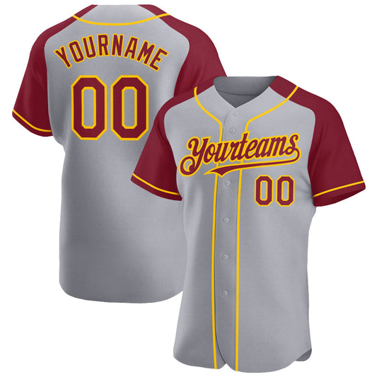 Custom Gray Crimson-Yellow Authentic Raglan Sleeves Baseball Jersey - Main View
