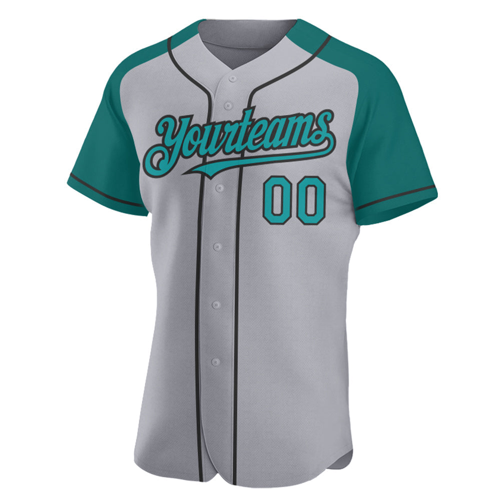 Custom Gray Teal-Black Authentic Raglan Sleeves Baseball Jersey view 2