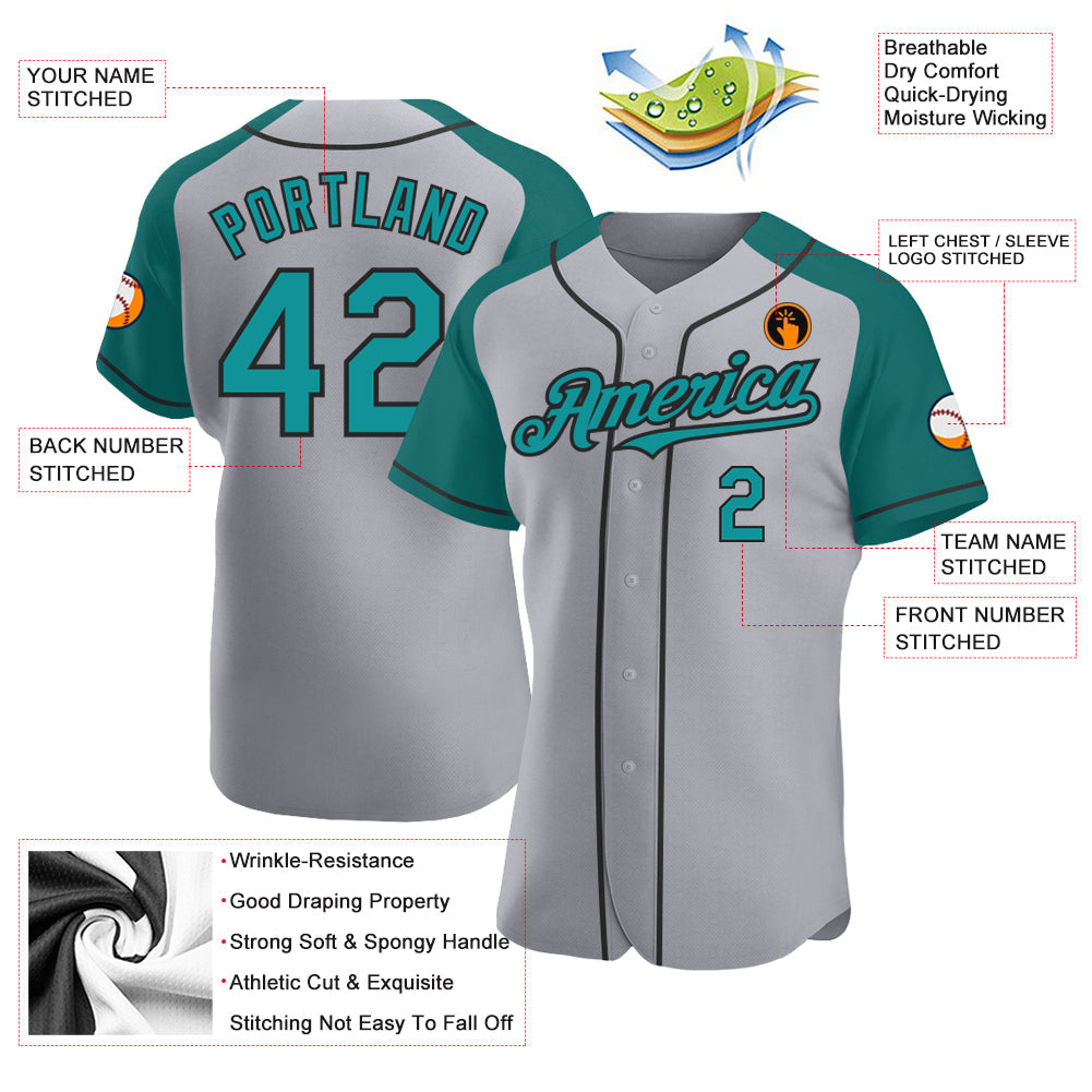 Custom Gray Teal-Black Authentic Raglan Sleeves Baseball Jersey view 3