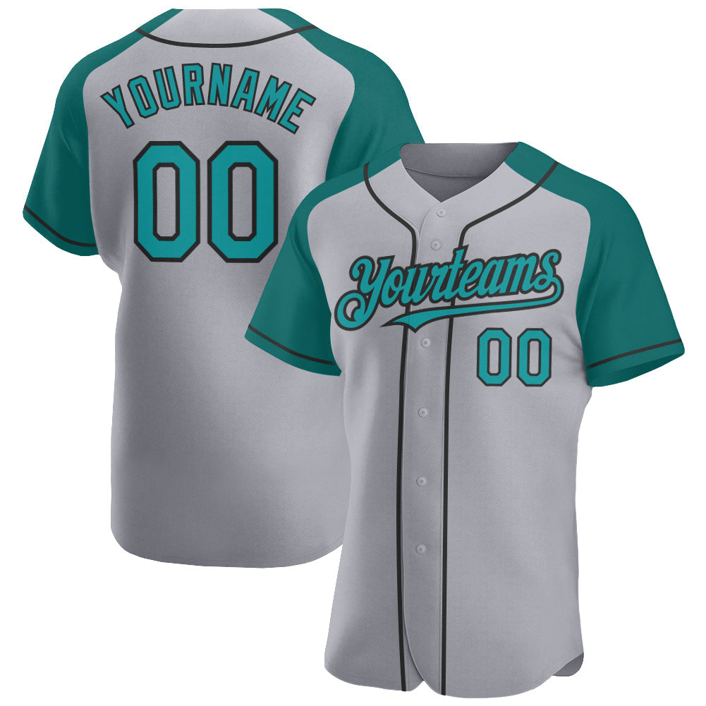 Custom Gray Teal-Black Authentic Raglan Sleeves Baseball Jersey - Main View