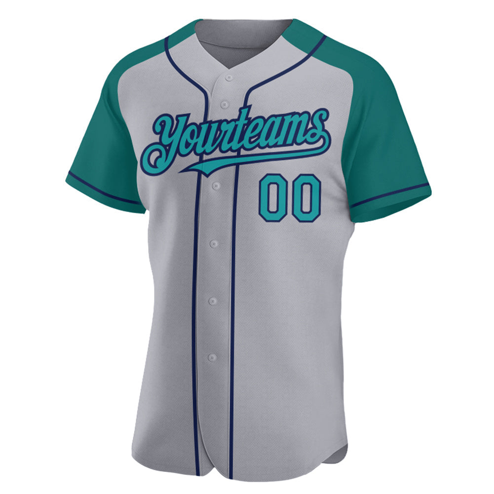 Custom Gray Teal-Navy Authentic Raglan Sleeves Baseball Jersey view 2