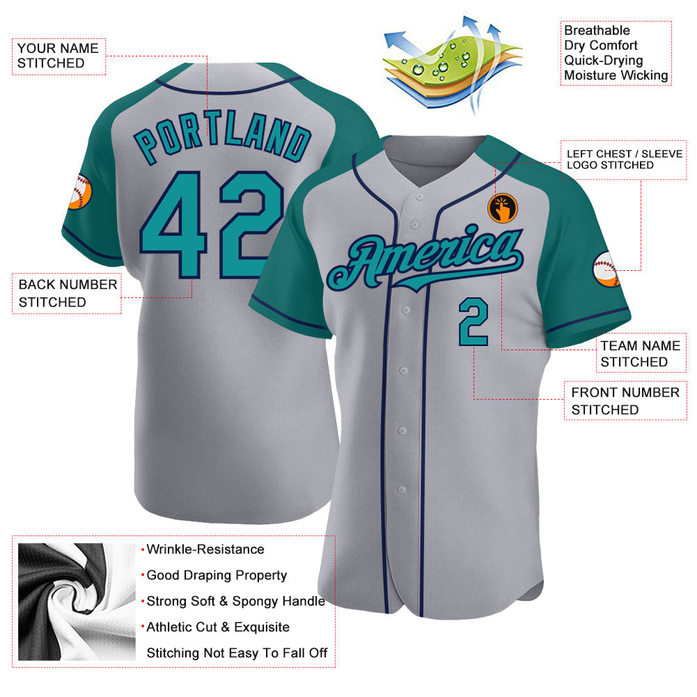 Custom Gray Teal-Navy Authentic Raglan Sleeves Baseball Jersey view 3