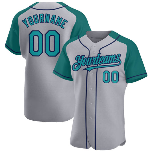 Custom Gray Teal-Navy Authentic Raglan Sleeves Baseball Jersey - Main View