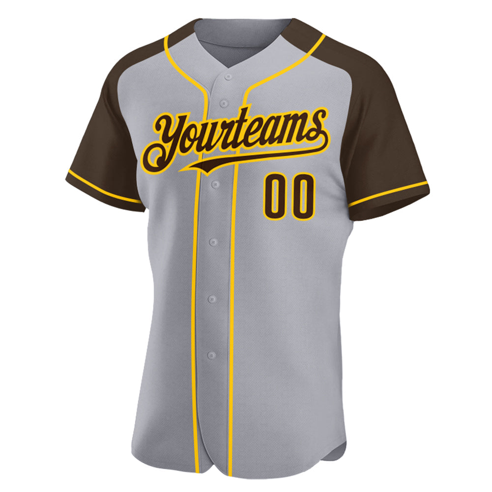 Custom Gray Brown-Yellow Authentic Raglan Sleeves Baseball Jersey view 2