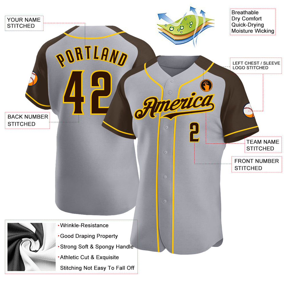 Custom Gray Brown-Yellow Authentic Raglan Sleeves Baseball Jersey view 3