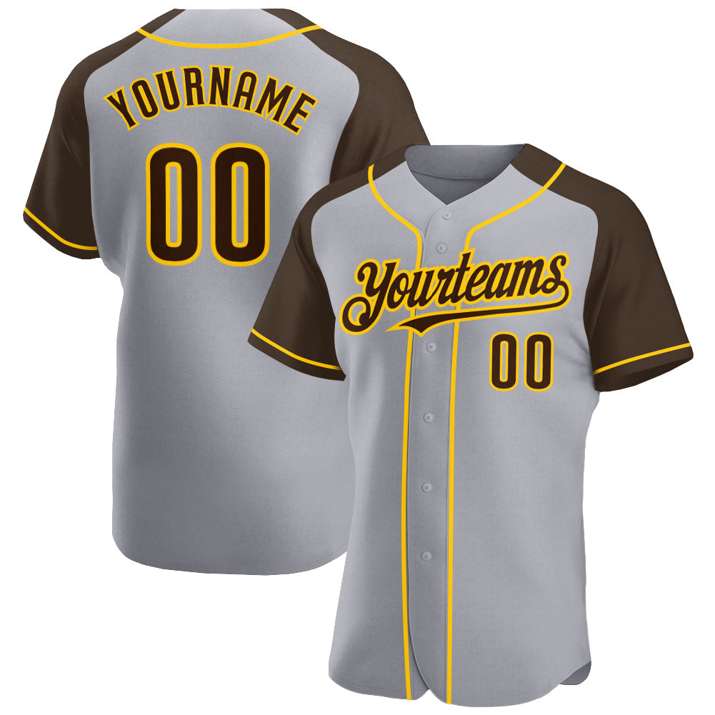 Custom Gray Brown-Yellow Authentic Raglan Sleeves Baseball Jersey - Main View