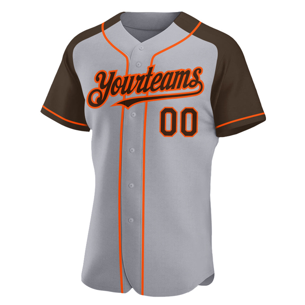 Custom Gray Brown-Orange Authentic Raglan Sleeves Baseball Jersey view 2