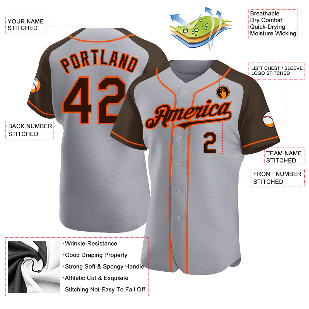 Custom Gray Brown-Orange Authentic Raglan Sleeves Baseball Jersey view 3
