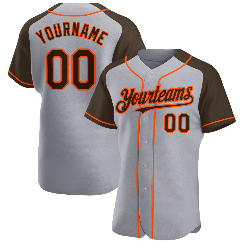 Custom Gray Brown-Orange Authentic Raglan Sleeves Baseball Jersey - Main View