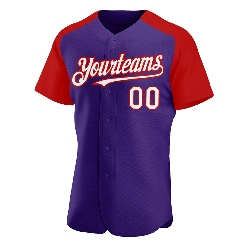 Custom Purple White-Red Authentic Raglan Sleeves Baseball Jersey view 2