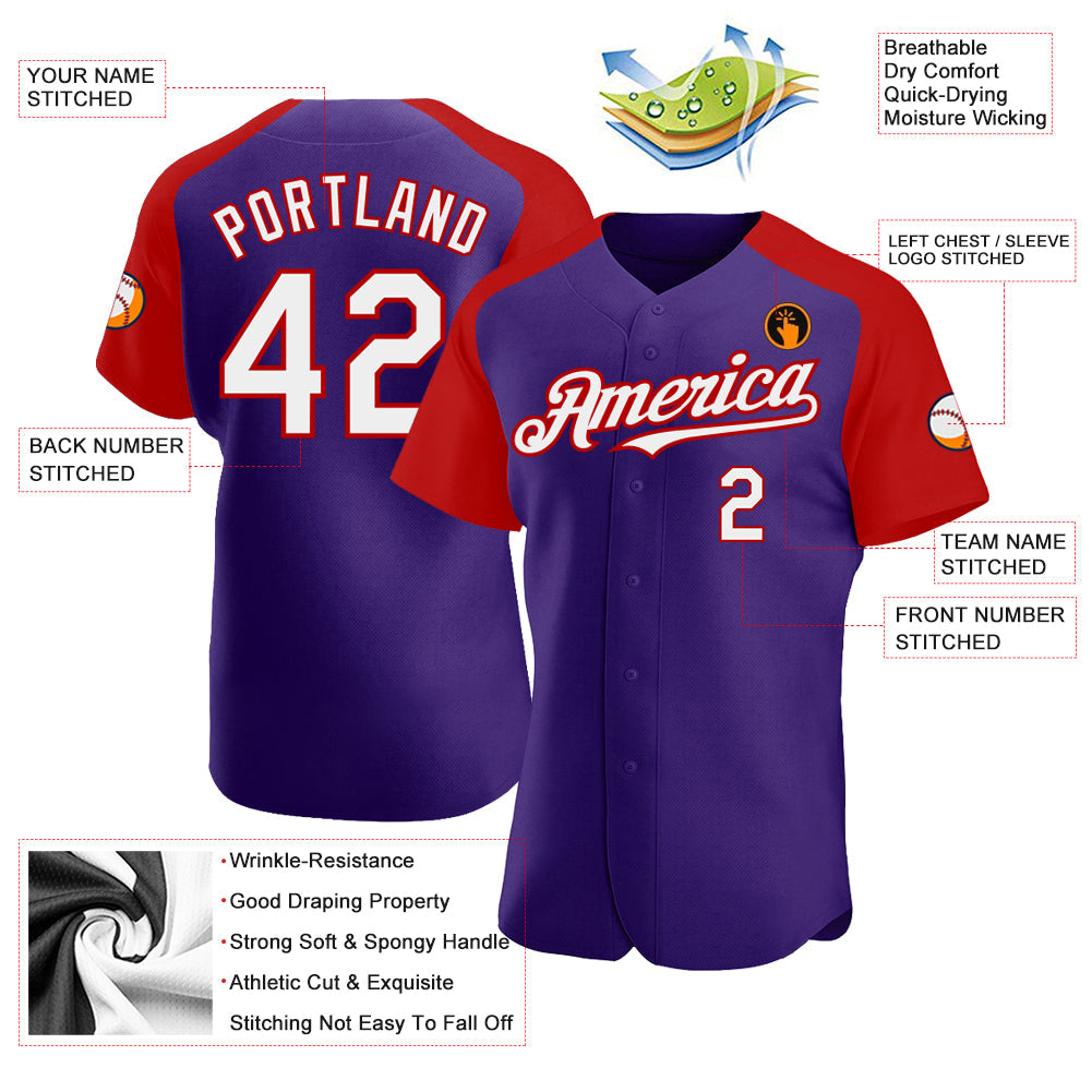 Custom Purple White-Red Authentic Raglan Sleeves Baseball Jersey view 3