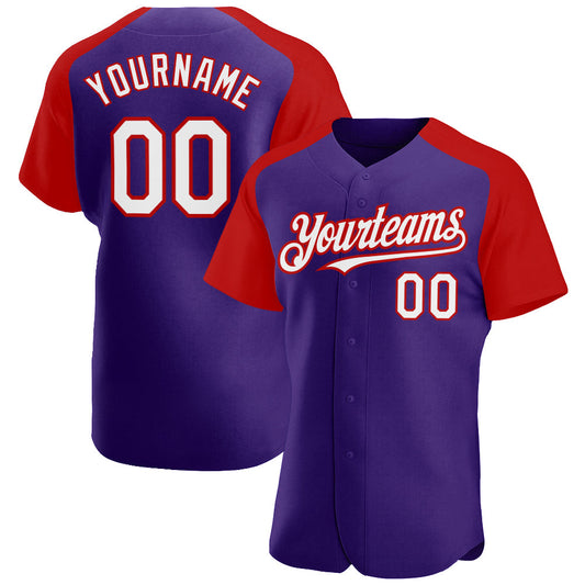 Custom Purple White-Red Authentic Raglan Sleeves Baseball Jersey - Main View