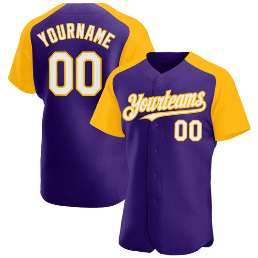 Custom Purple White-Gold Authentic Raglan Sleeves Baseball Jersey - Main View