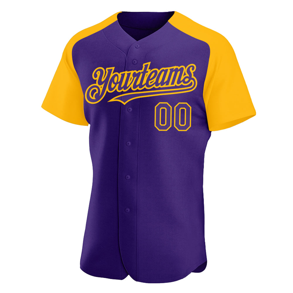 Custom Purple Gold Authentic Raglan Sleeves Baseball Jersey view 2