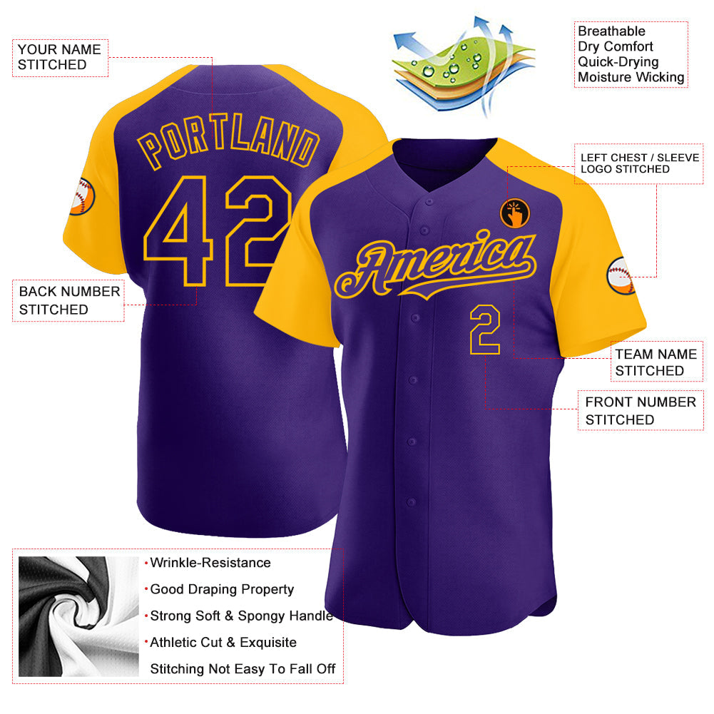 Custom Purple Gold Authentic Raglan Sleeves Baseball Jersey view 3
