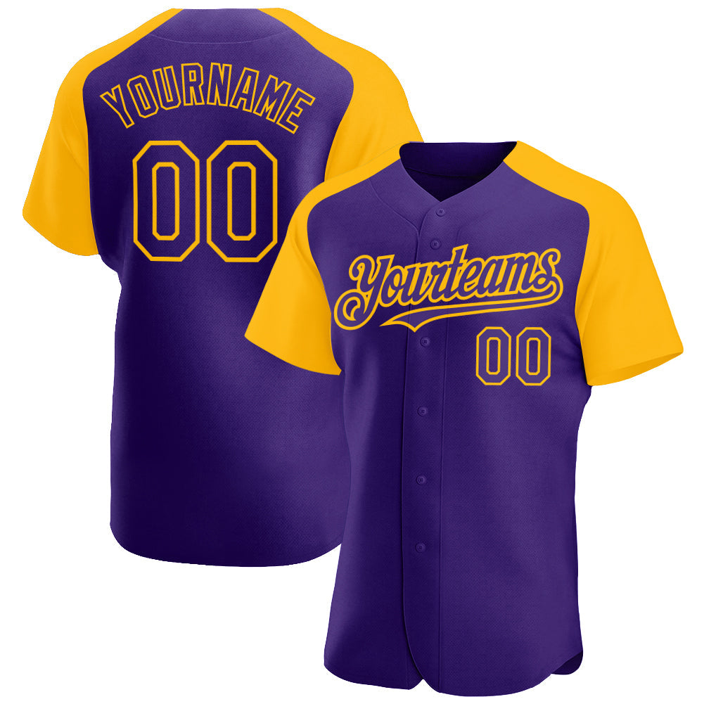 Custom Purple Gold Authentic Raglan Sleeves Baseball Jersey - Main View