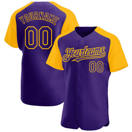 Custom Purple Gold Authentic Raglan Sleeves Baseball Jersey - Main View