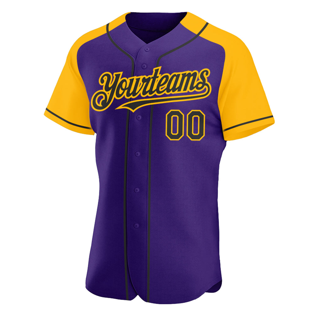 Custom Purple Black-Gold Authentic Raglan Sleeves Baseball Jersey view 2