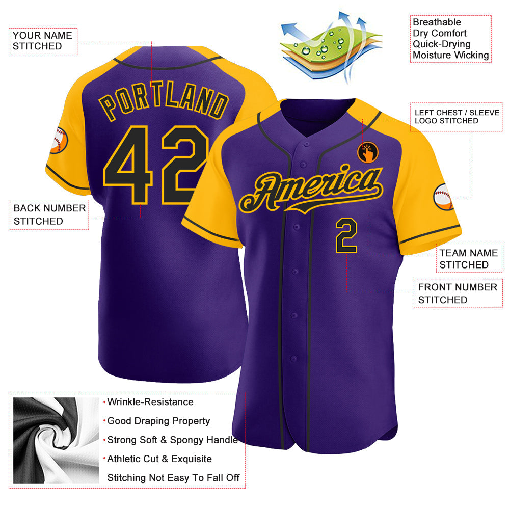 Custom Purple Black-Gold Authentic Raglan Sleeves Baseball Jersey view 3