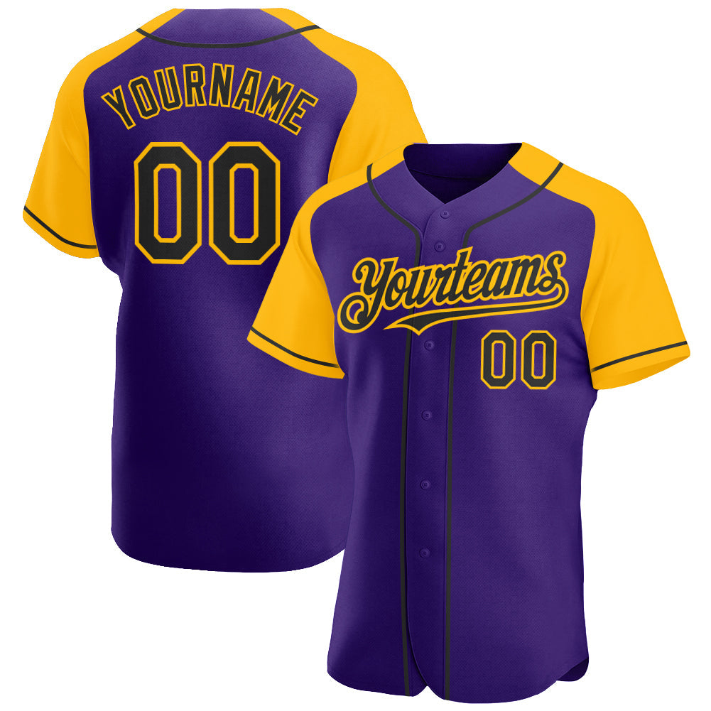 Custom Purple Black-Gold Authentic Raglan Sleeves Baseball Jersey - Main View