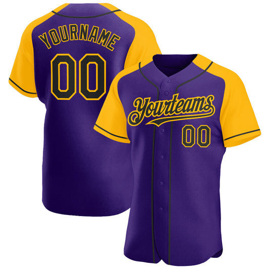 Custom Purple Black-Gold Authentic Raglan Sleeves Baseball Jersey - Main View