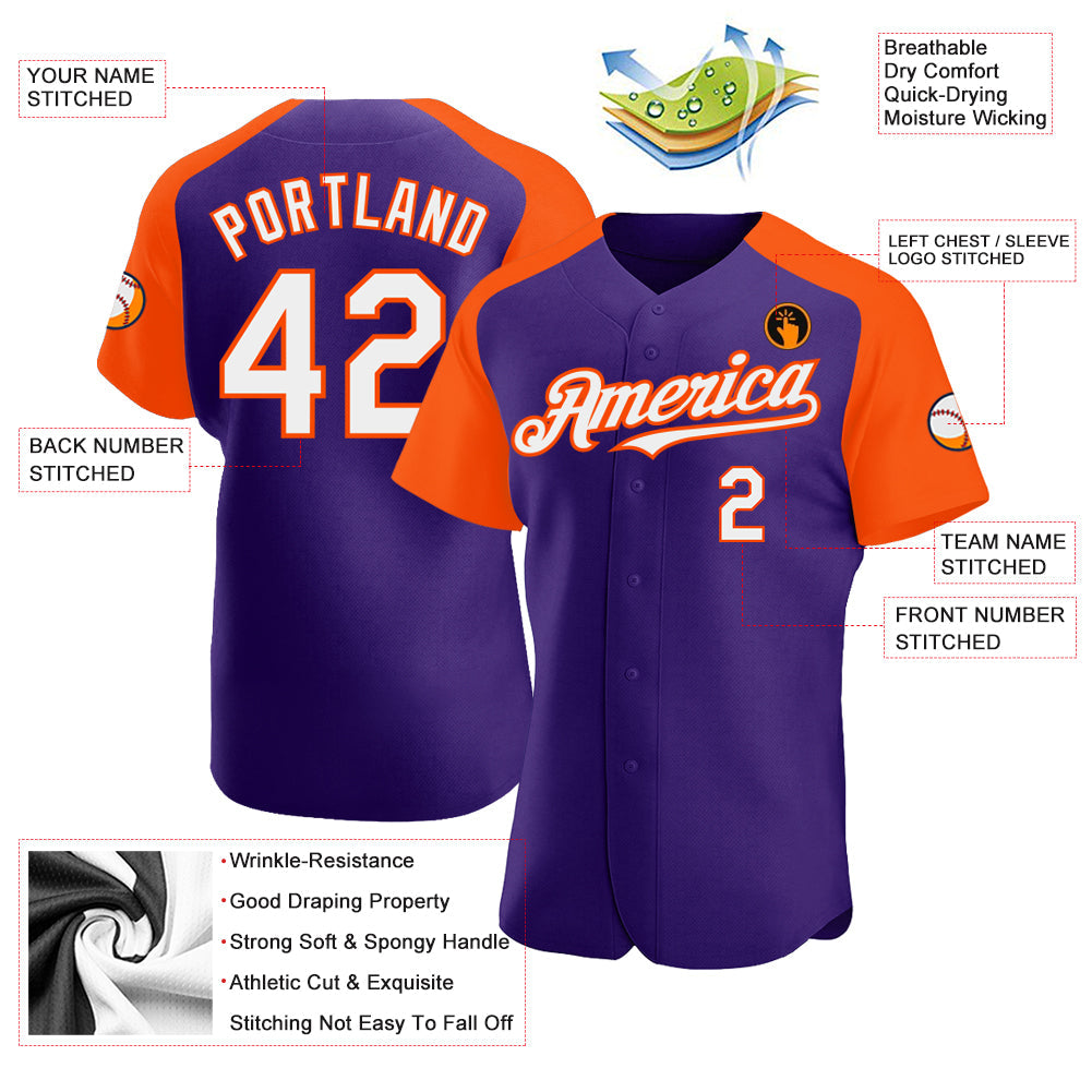 Custom Purple White-Orange Authentic Raglan Sleeves Baseball Jersey view 3