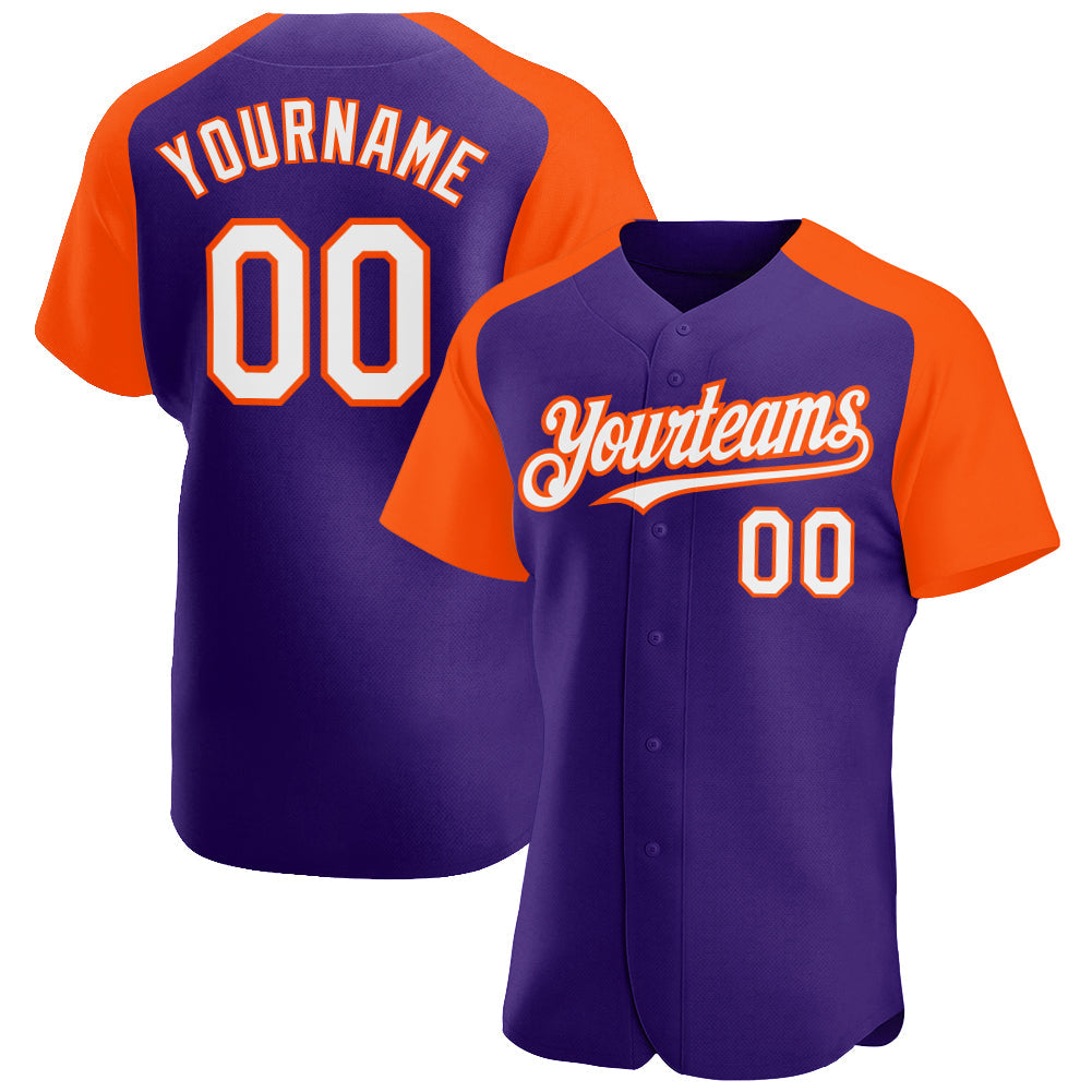 Custom Purple White-Orange Authentic Raglan Sleeves Baseball Jersey - Main View