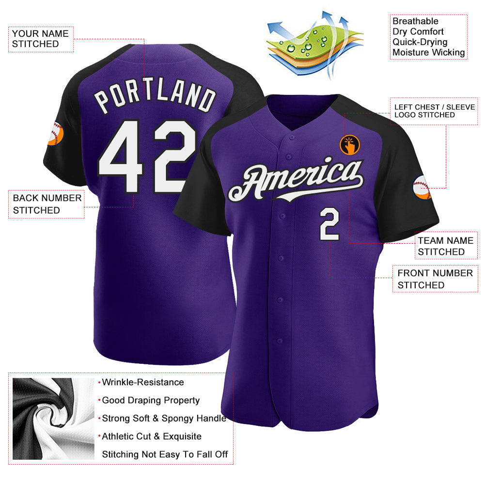 Custom Purple White-Black Authentic Raglan Sleeves Baseball Jersey view 3