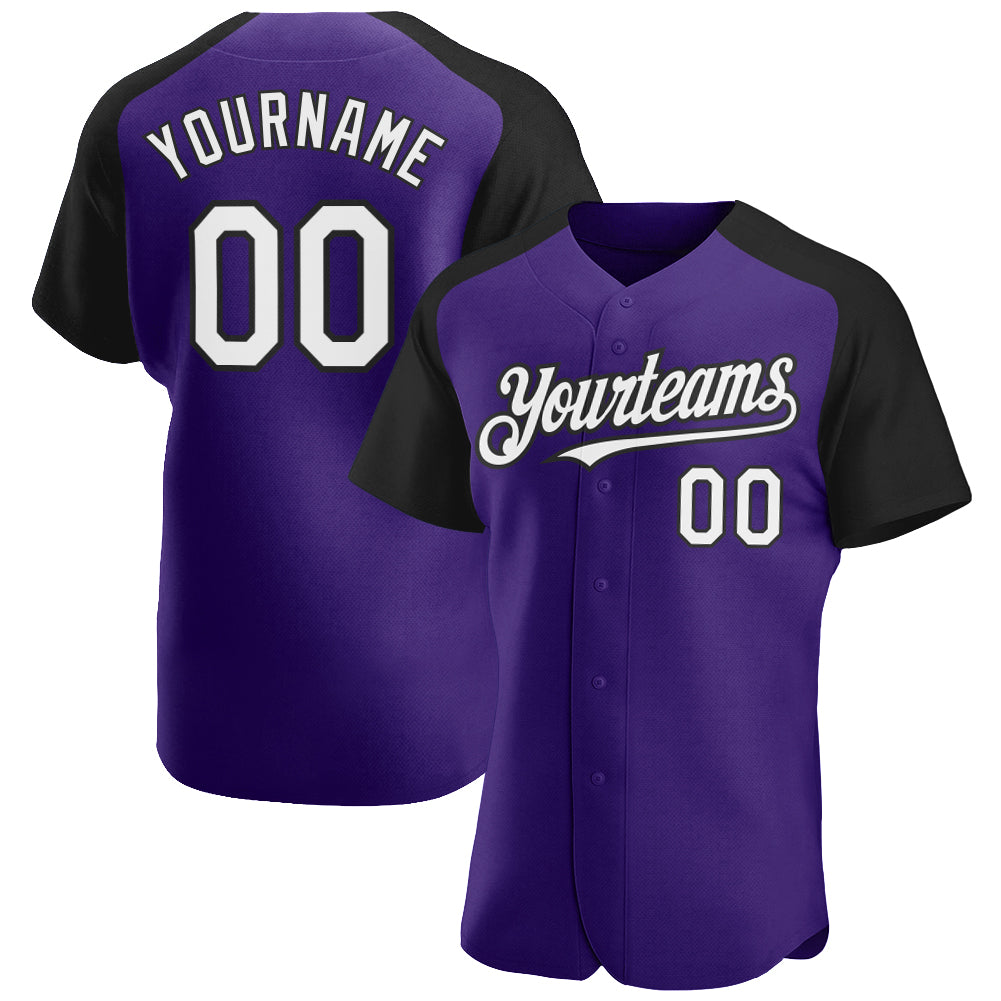 Custom Purple White-Black Authentic Raglan Sleeves Baseball Jersey - Main View
