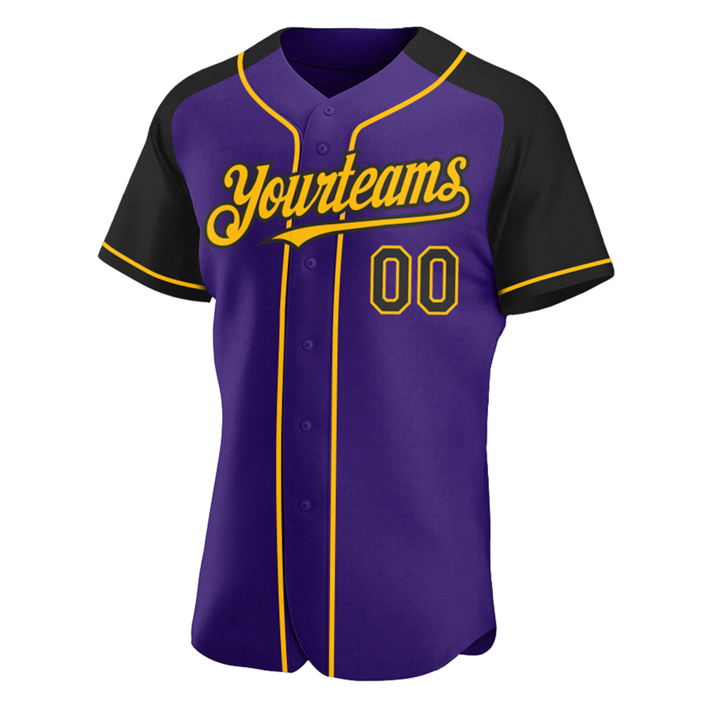 Custom Purple Black-Gold Authentic Raglan Sleeves Baseball Jersey view 2