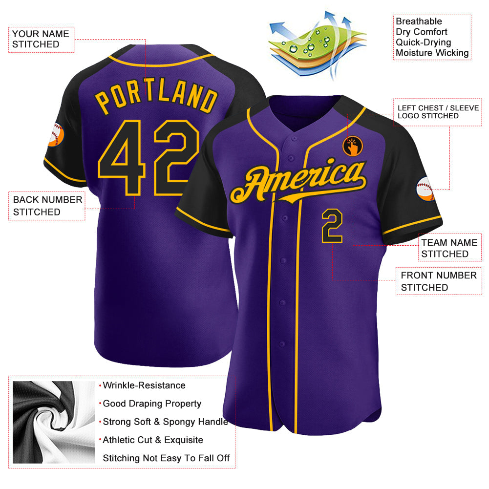 Custom Purple Black-Gold Authentic Raglan Sleeves Baseball Jersey view 3