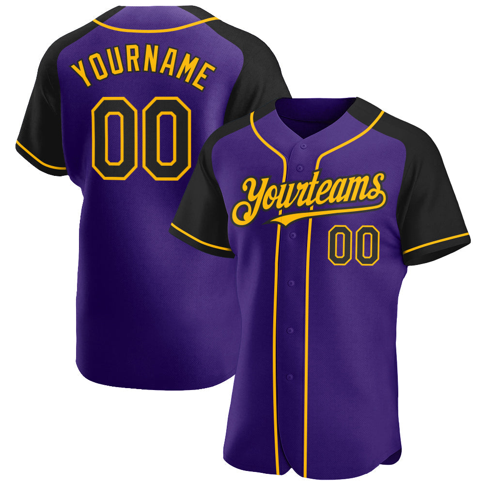 Custom Purple Black-Gold Authentic Raglan Sleeves Baseball Jersey - Main View
