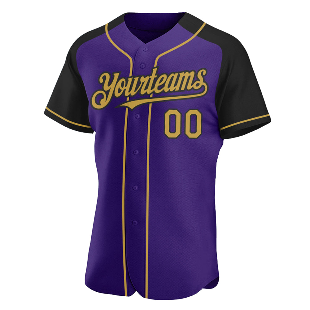 Custom Purple Old Gold-Black Authentic Raglan Sleeves Baseball Jersey view 2