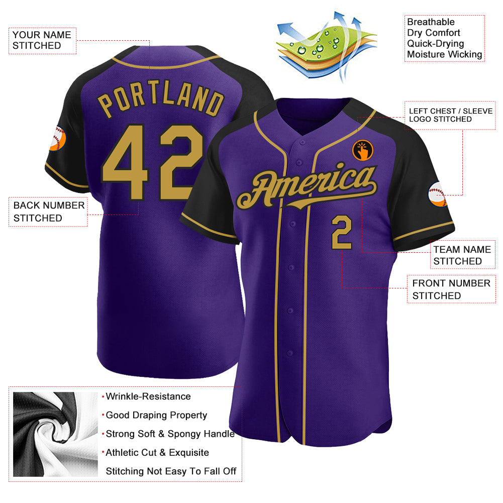 Custom Purple Old Gold-Black Authentic Raglan Sleeves Baseball Jersey view 3