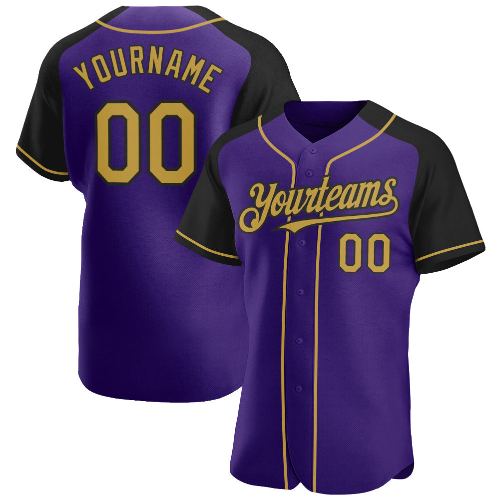 Custom Purple Old Gold-Black Authentic Raglan Sleeves Baseball Jersey - Main View