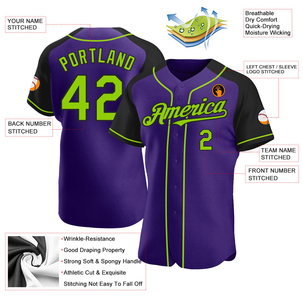 Custom Purple Neon Green-Black Authentic Raglan Sleeves Baseball Jersey view 3
