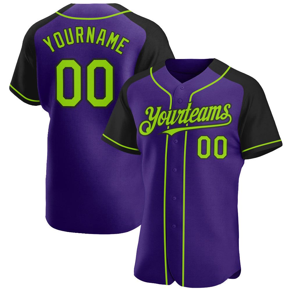 Custom Purple Neon Green-Black Authentic Raglan Sleeves Baseball Jersey - Main View