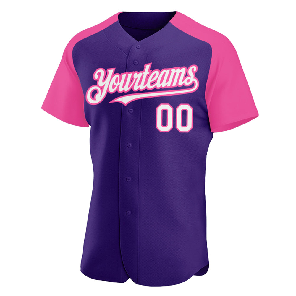 Custom Purple White-Pink Authentic Raglan Sleeves Baseball Jersey view 2