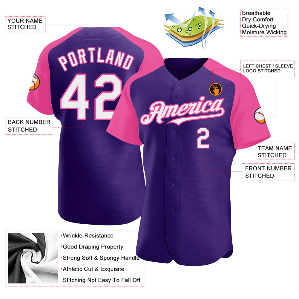 Custom Purple White-Pink Authentic Raglan Sleeves Baseball Jersey view 3