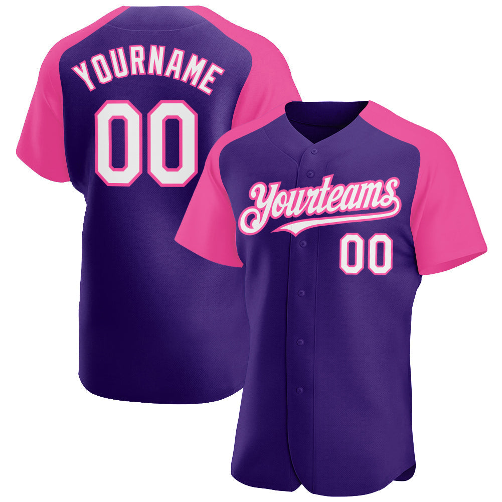Custom Purple White-Pink Authentic Raglan Sleeves Baseball Jersey - Main View