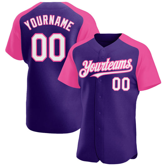Custom Purple White-Pink Authentic Raglan Sleeves Baseball Jersey - Main View