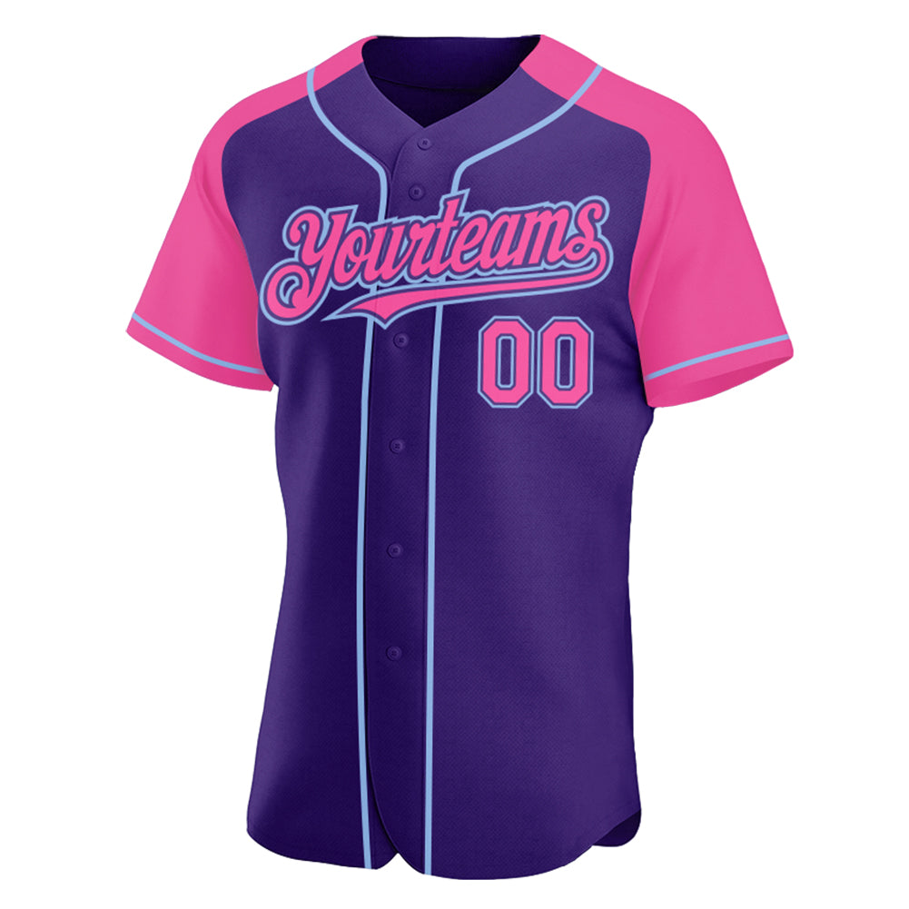 Custom Purple Pink-Light Blue Authentic Raglan Sleeves Baseball Jersey view 2