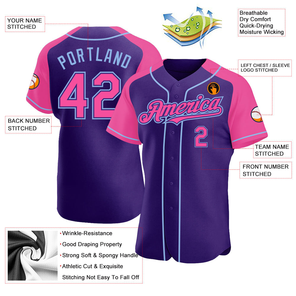 Custom Purple Pink-Light Blue Authentic Raglan Sleeves Baseball Jersey view 3