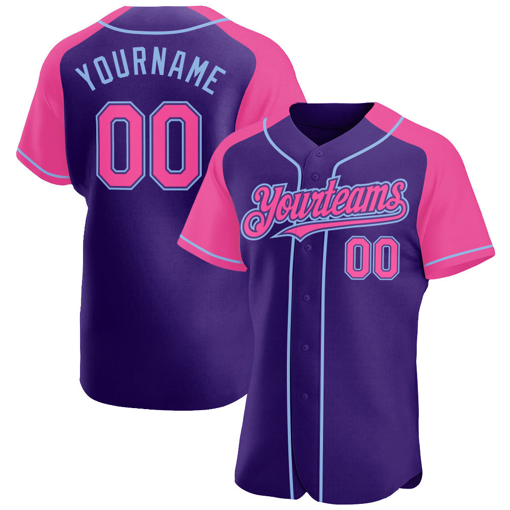 Custom Purple Pink-Light Blue Authentic Raglan Sleeves Baseball Jersey - Main View