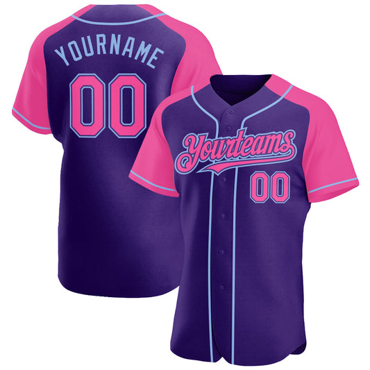 Custom Purple Pink-Light Blue Authentic Raglan Sleeves Baseball Jersey - Main View
