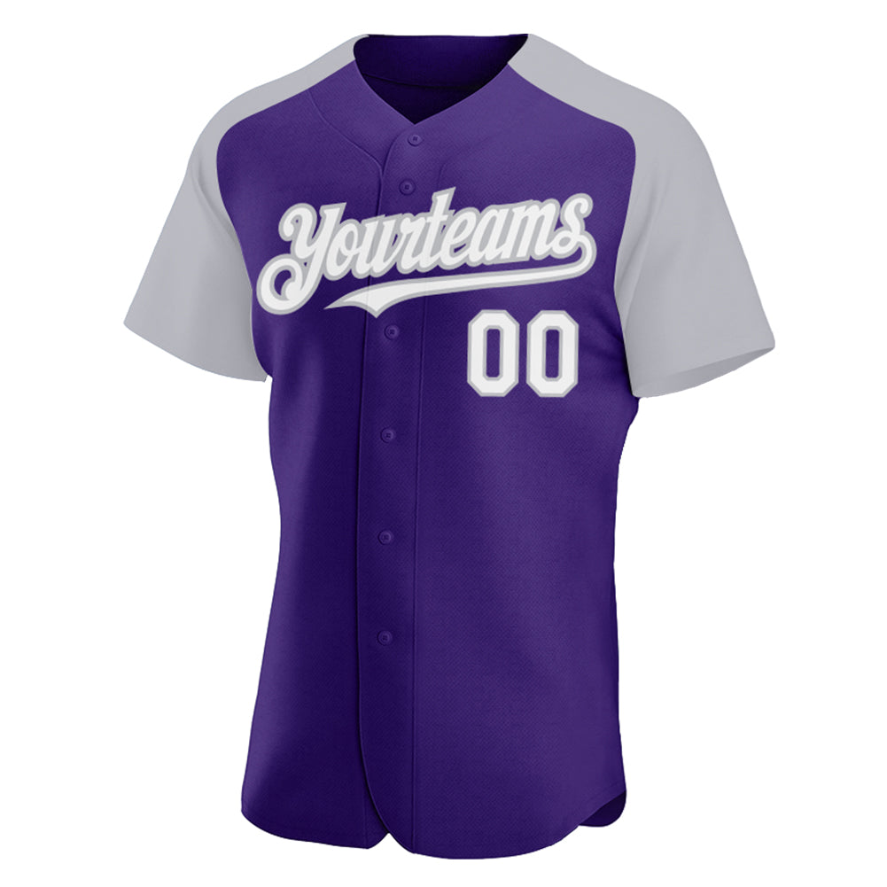 Custom Purple White-Gray Authentic Raglan Sleeves Baseball Jersey view 2
